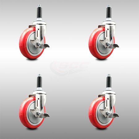 Service Caster 5 Inch 316SS Red Poly Swivel 3/4 Inch Expanding Stem Caster Set Brake SCC SCC-SS316EX20S514-PPUB-RED-TLB-34-4